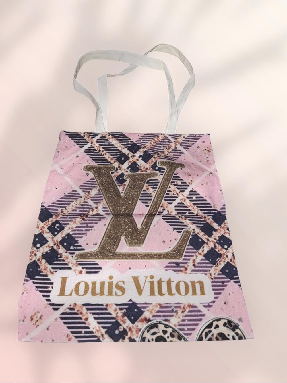 Pink Plaid Canvas Tote with Gold Logo New